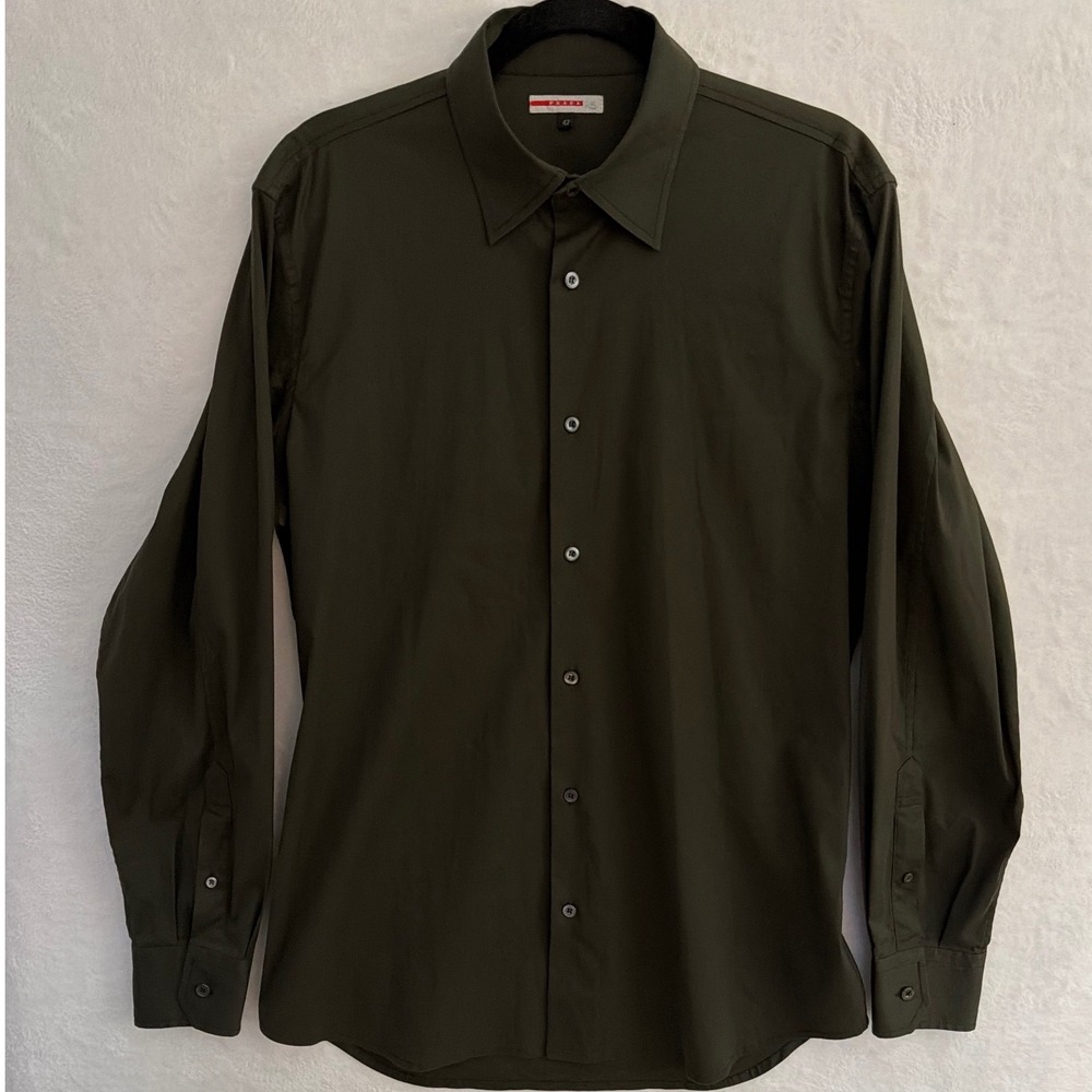 Prada Mens Olive Green Stretch Cotton Button Down Shirt Men Size 42 L